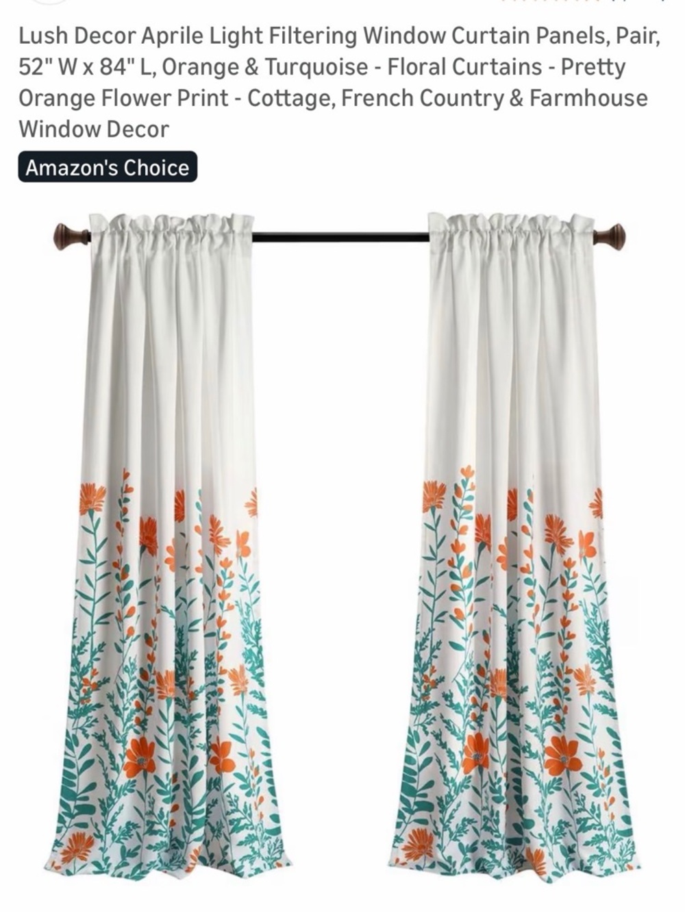 Aprile Floral Light-Filtering Curtain Panels - White with Orange & Turquoise